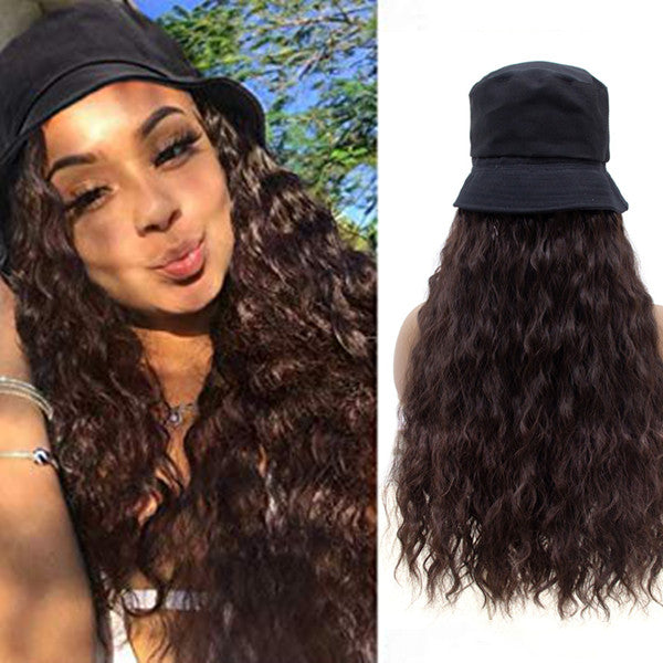 Wavymy Natural Wave Bucket Hat Wig Brown Color Human Hair Attached
