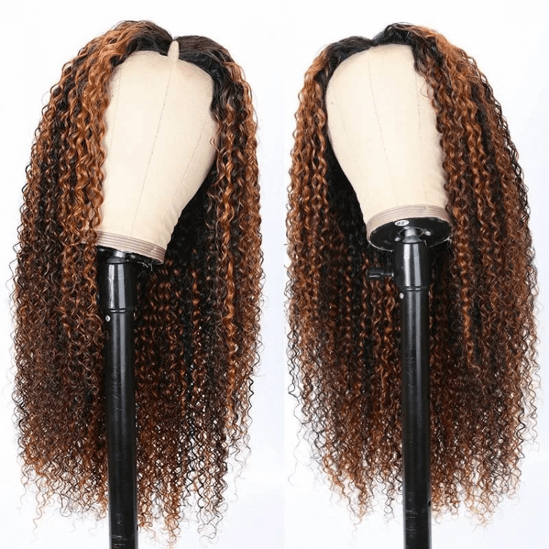 Wavymy  Balayage Highlight Kinky Curly V Part Wigs Beginner Friendly No Glue No Sew No Gel Human Hair Thin Part Wig 180% Density