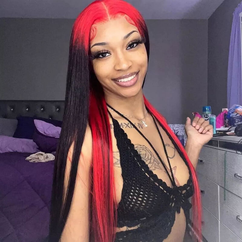 Wavymy Black Hair And Red Color Underneath Color Wig Highlights 13x4 Lace Front Straight Ombre Wig