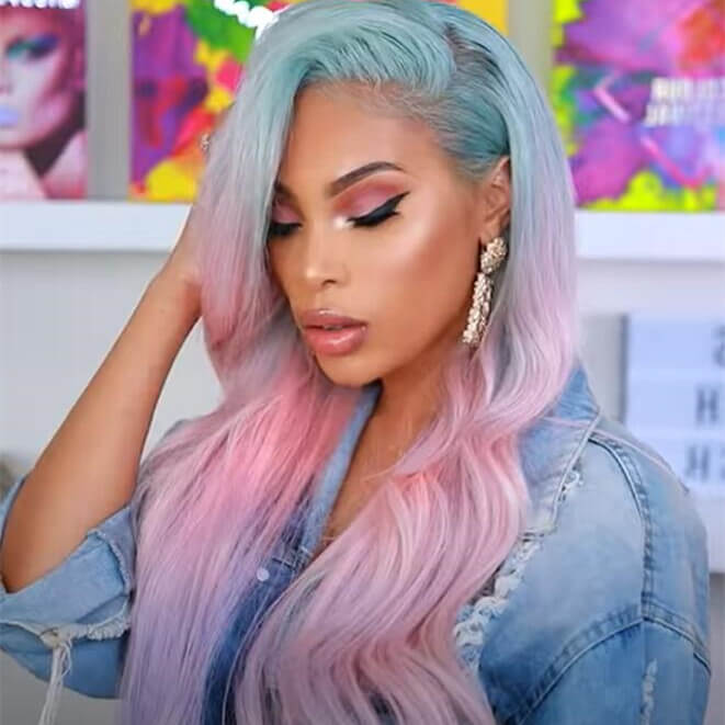 rainbow human hair wig pink turquoise and purple


