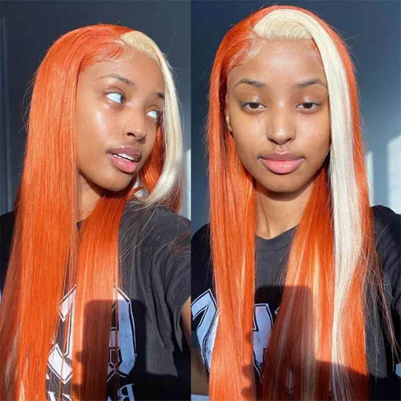 Wavymy Ginger Orange With Blonde Skunk Stripe Color Body Wave Wig 13x4 Highlights Lace Human Hair Ombre Wigs