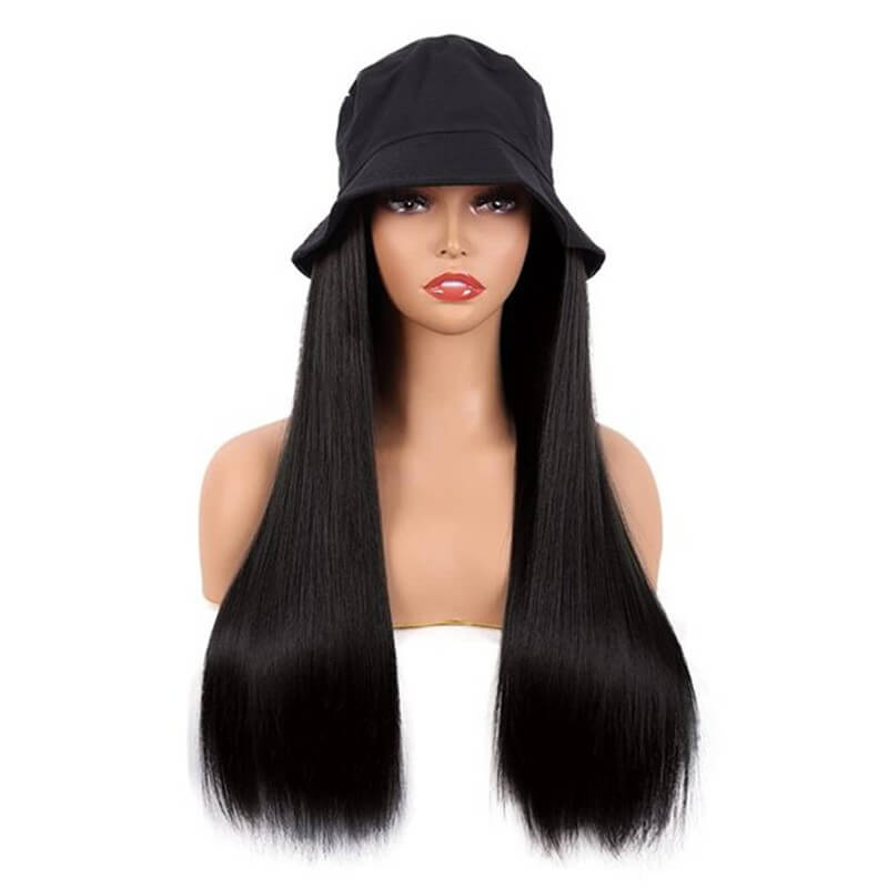 Wavymy Bucket Hat Wigs Straight Human Hair Wigs With Natural Color