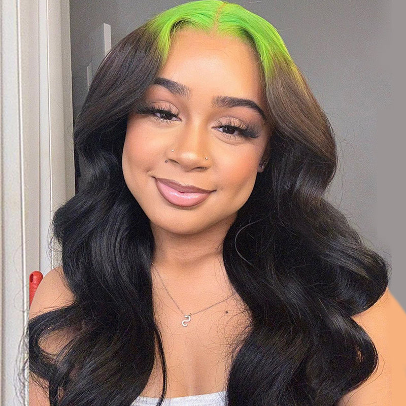 Wavymy Ombre Green To Black Wigs Body Wave 13x4 Lace Front Skunk Stripe Color Wig Virgin Human Hair 10-26 Inch