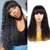Wavymy Glueless Machine Made Water Wave Human Hair Wigs With Bangs 180% Density