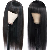 Wavymy Glueless Natural Black Straight Hair Machine Made Human Virgin Hair Wigs With Bangs With Head Spin 180% Density