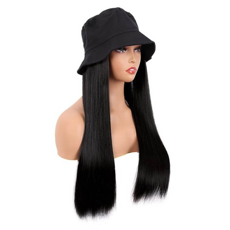 Wavymy Bucket Hat Wigs Straight Human Hair Wigs With Natural Color