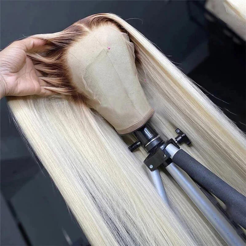 Wavymy Brown Roots To Blonde Skunk Stripe Color  Wig 13x4 Straight Highlights Lace Front Ombre Wig