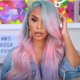 Wavymy Ombre Blue To Pink Skunk Stripe Color Wigs 13x4 Body Wave Lace Front Wig Virgin Human Hair 10-26 Inch