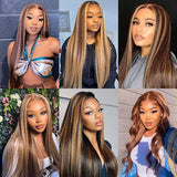 Wavymy Highlight Balayage Color Lace Wig 13x4 Lace Front Straight Hair Wigs Blonde Brown Piano Color Lace Wig 150%-250% density 8-30 inch