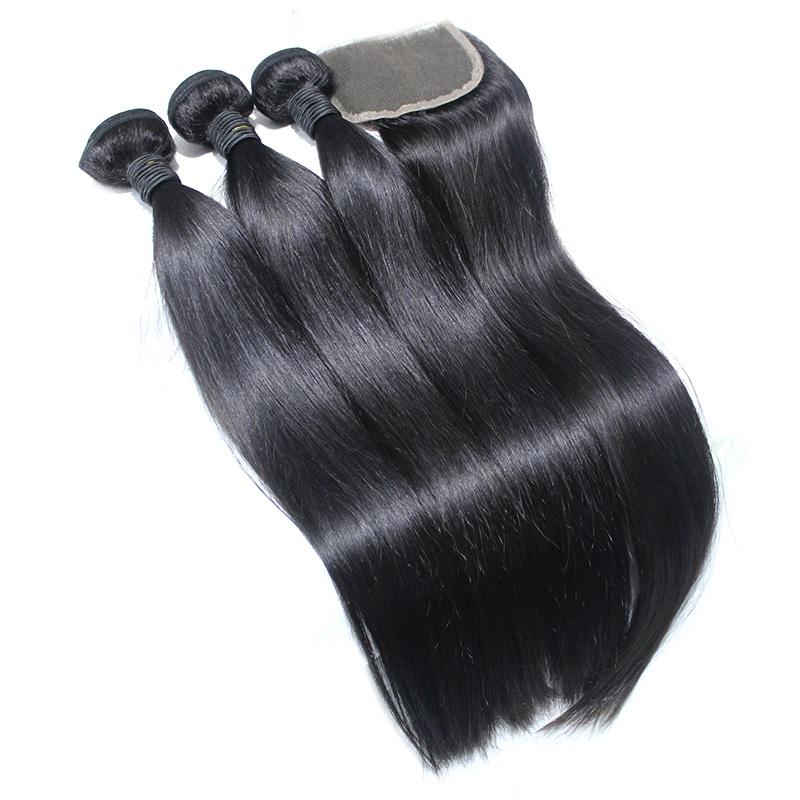Wavymy Virgin Human Hair Straight Hair Weave 3 Bundles With 4x4 Lace Closure