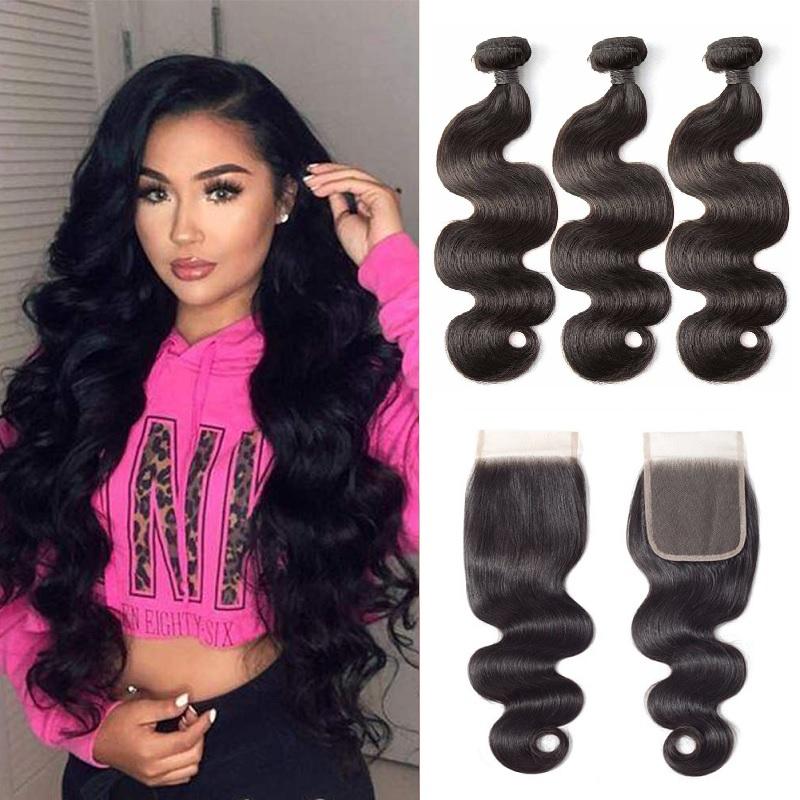 Wavymy Body Wave Virgin Human Hair Weave 3 Bundles With 4x4 Lace Closure