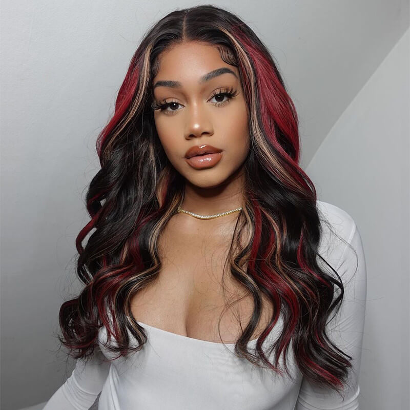 Wavymy Multi Color Ombre Highlights 13x4 Lace Front Wig Red And Blonde Body Wave Wigs