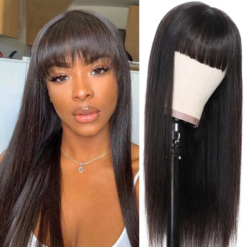 Wavymy Glueless Natural Black Straight Hair Machine Made Human Virgin Hair Wigs With Bangs With Head Spin 180% Density