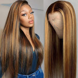 Wavymy Highlight Balayage Color Wig 4x4 Lace Straight Wig Real Human Hair Wigs Pinao Color Lace Wigs