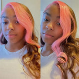 Wavymy Strawberry Pink With  Chocolate  Skunk Stripe Color Wig 13x4 Highlights Lace Front Ombre Wig Virgin Human Hair