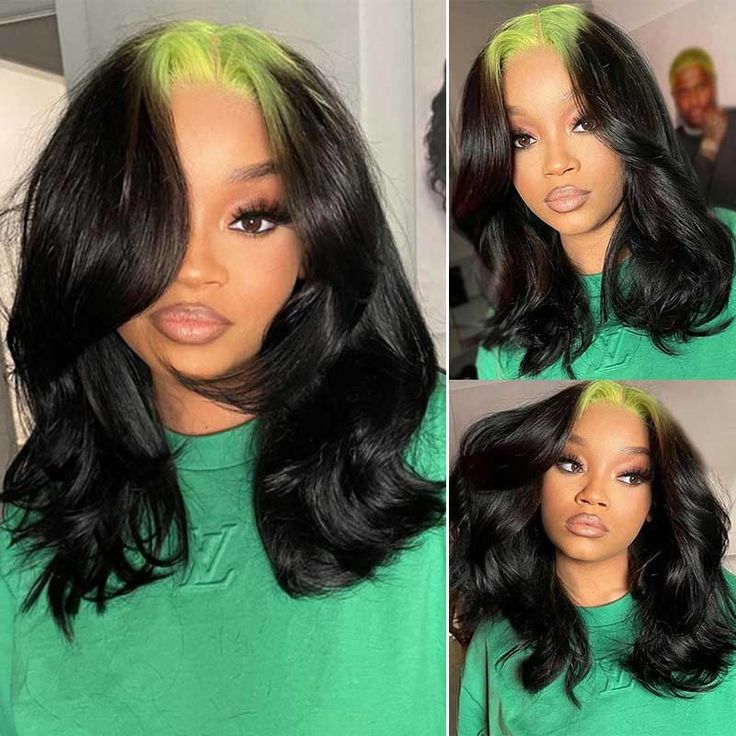 Wavymy Ombre Green To Black Wigs Body Wave 13x4 Lace Front Skunk Stripe Color Wig Virgin Human Hair 10-26 Inch
