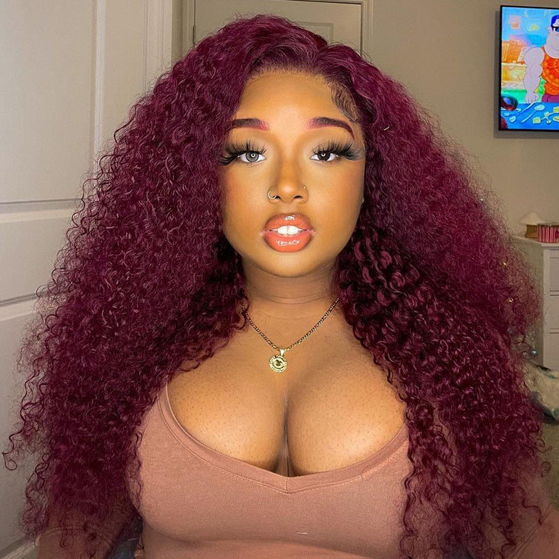 Wavymy Kinky Curly 99J 13x4 Lace Front Wigs Pre Plucked Burgundy Color Hair Human Hair Wigs 14-30 Inch