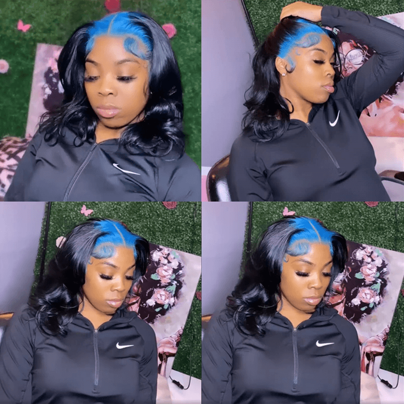 Wavymy Blue To Black Ombre Color 13x4 Lace Front Body Wave Wigs Skunk Stripe Color Wigs