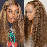 Wavymy Honey Blonde Highlight Lace Front Jerry Curly Human Hair Wigs 13x4 Lace Front Wig Balayage Color Wig 8-30 Inch