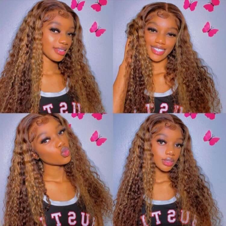 Wavymy Honey Blonde Highlight Lace Front Kinky Curly Human Hair Wigs 13x4 Lace Front Wig Balayage Color Wig 8-28 Inch