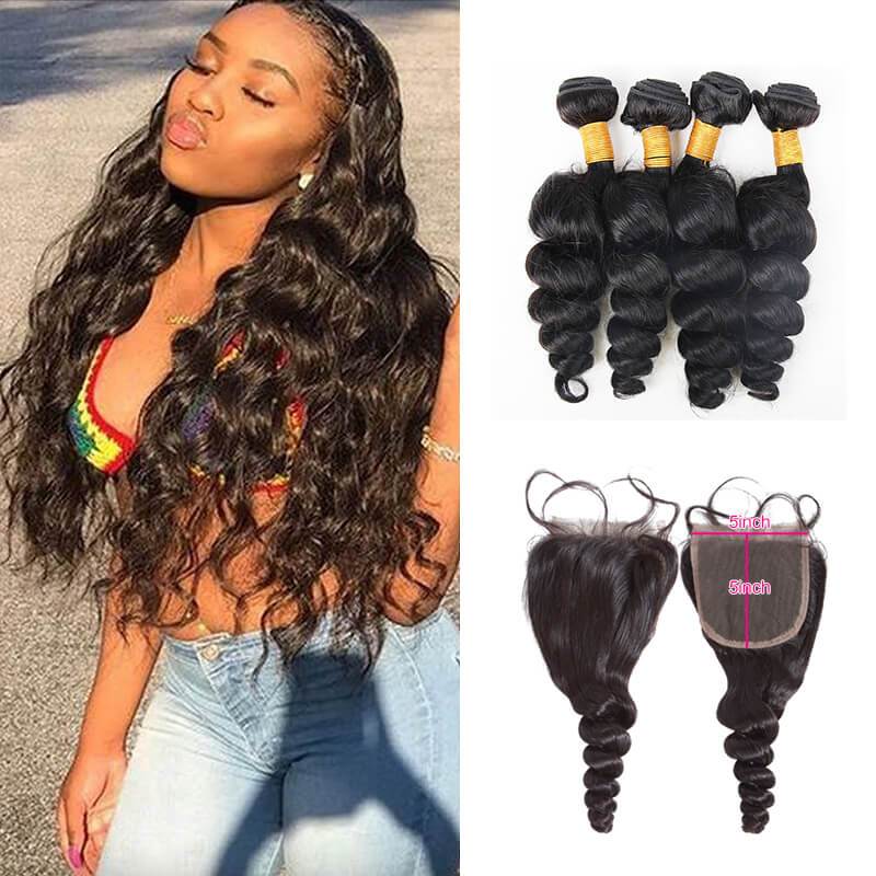 Wavymy Loose Wave Human Hair Weave 4 Bundles with 5x5 Lace Closure