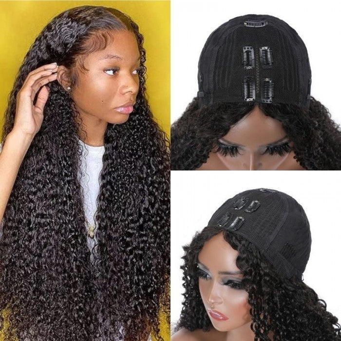 Wavymy V Part 2 In 1 Wig Curly Magic Wet And Wavy V Part Curly Human Hair Black Wig 180% Density