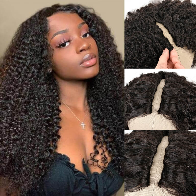 Wavymy Upgrade Kinky Curly V Part Wig No Glue No Sew No Gel No Leave Out Needed Human Hair 180 Density Thin Part Wig