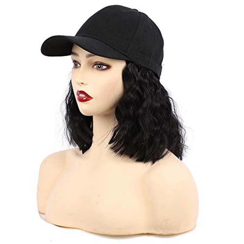 Wavymy Wavy Bob Hat Wigs Baseball Cap Wigs With Short Wavy Human Hair Attached