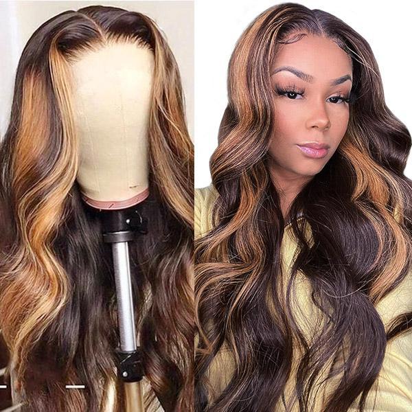 Black Wig With Honey Blonde Highlights Body Wave Lace Wigs With Balayage  Highlights