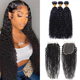 Wavymy Virgin Kinky Curly Human Hair Weave 3 Bundles With 4x4 Lace Closure