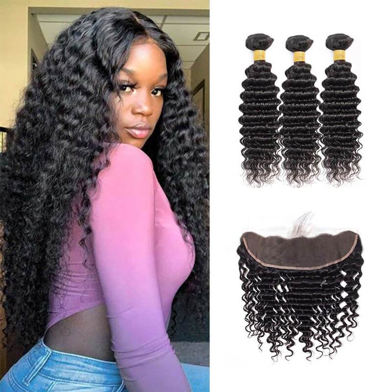 Wavymy Virgin Human Hair Weave Deep Wave 3 Bundles With 13x4 Lace Frontal