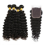 Wavymy Deep Wave Human Hair Weave 4 Bundles with 5x5 Lace Closure