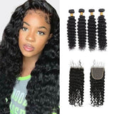 Wavymy Deep Wave Human Hair Weave 4 Bundles with 4x4 Lace Closure