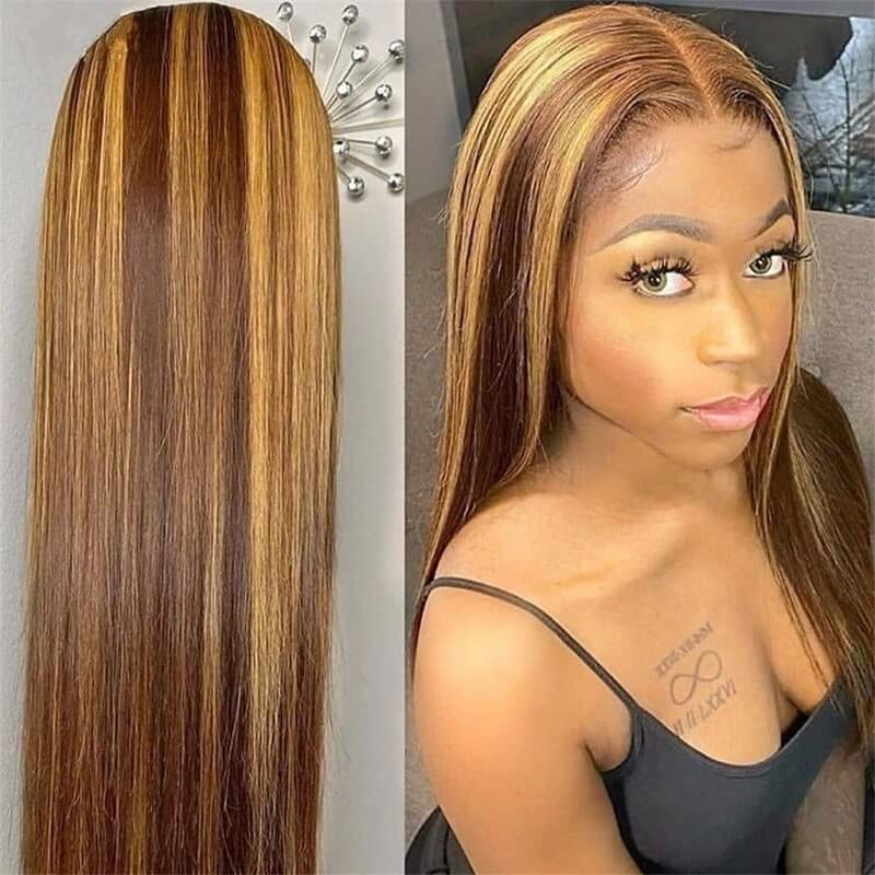 Wavymy Highlight Balayage Color Wig 4x4 Lace Straight Wig Real Human Hair Wigs Pinao Color Lace Wigs