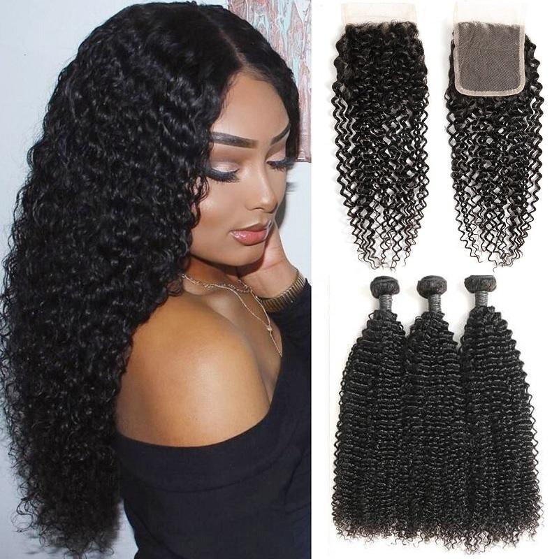 Wavymy Unprocessed Virgin Hair Kinky Curly 4x4 Lace Closure With 3 Bundles Human Hair Weave 10-26 Inch