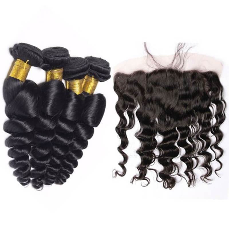 Wavymy Loose Wave Human Hair Weave 4 Bundles With 13x4 Lace Frontal Natural Black Hair