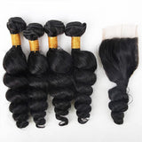 Wavymy Virgin Human Hair Weave Loose Wave 4 Bundles with 4x4 Lace Closure