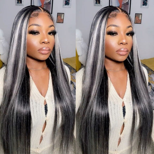 Side Part Straight Black Hair with Blonde Highlights Lace Front