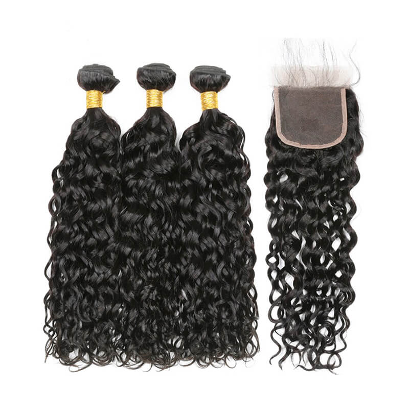 Wavymy Affordable Virgin Human Hair Water Wave 3 Bundles With 4x4 Lace Closure