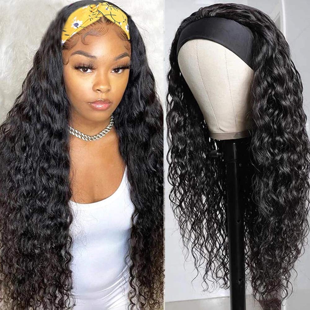 Wavymy Water Wave Headband Wig 100% Virgin Human Hair Pre-attached Scarf Natural Color Glueless Wig 150%-180% 8-30 Inch