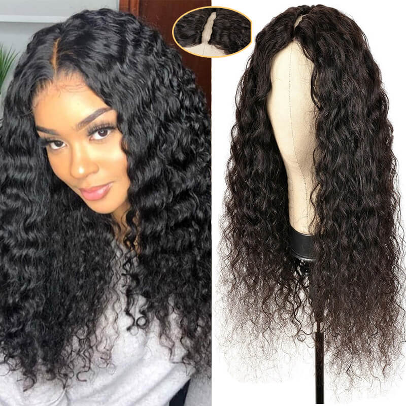Wavymy Water Wave Thin Part Wigs Upgrade V Part Wig Blend with Your Own Hairline V Part Human Hair Wigs No Glue No Leave Out